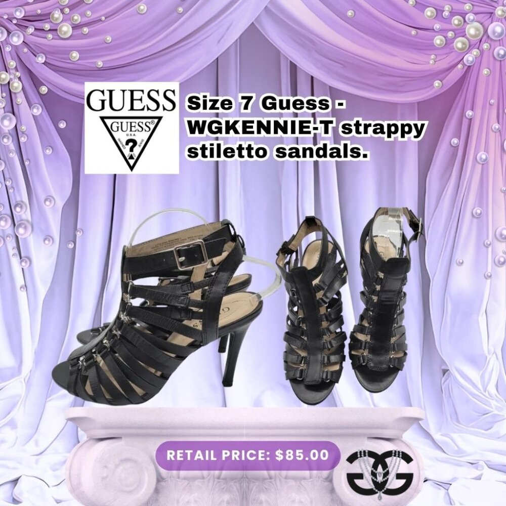 Guess Size 7 - WGKENNIE-T Black Caged Gladiator Stiletto Heels Strappy Buckle